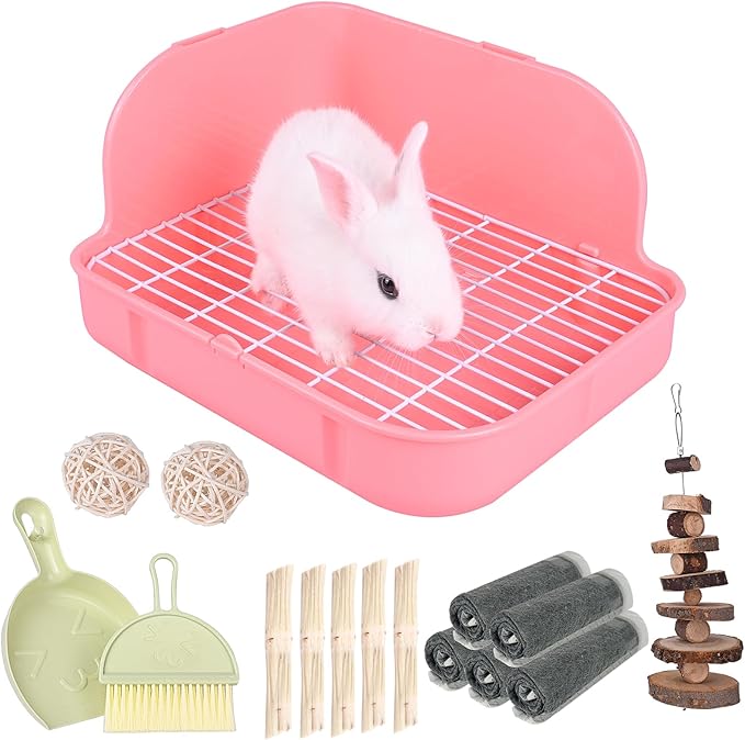 RUBYHOME Rabbit Litter Box Toilet, Plastic Square Cage Box Potty Trainer Corner Litter Bedding Box Pet Pan for Small Animals, Rabbits, Guinea Pigs, Chinchilla, Ferret, Galesaur, 11.4 Inches (Pink)
