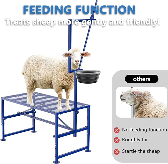 400 LBs Goat Milk Stand for Pygmy and Dwarf Goats, Goat Stand with Feed Bin, Goat Milking Stand for Sheep Trimming and Milking, Hoof Trimming Stand Adjustable Size, Iron Blue