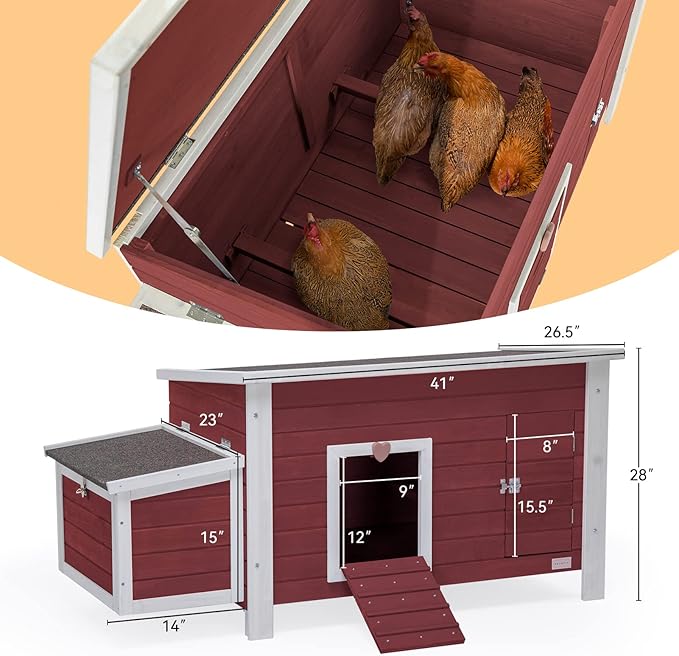 Petsfit Large Chicken Coop with Upgraded Perches, Wooden Outdoor Chicken Cage with Large Nesting Box, Weatherproof Open Asphalt Roof, and Removable Bottom for Easy Cleaning