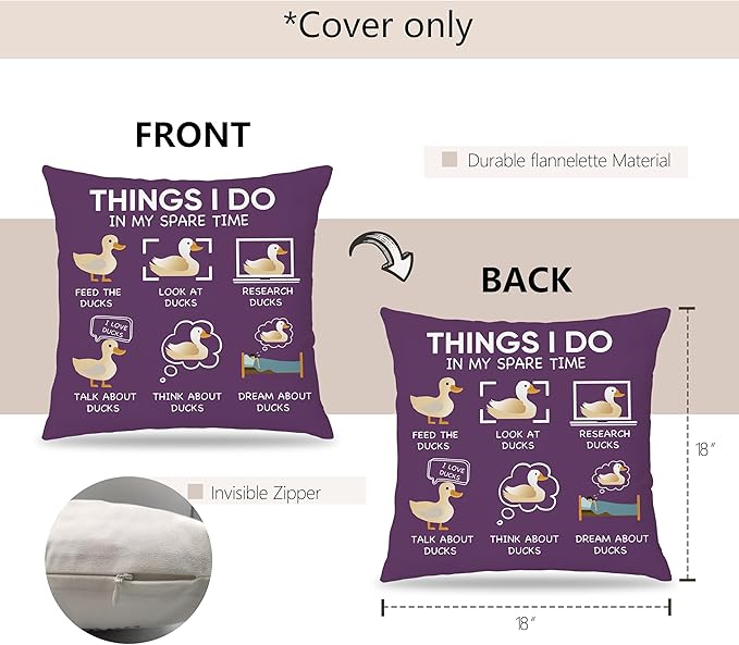 Funny Duck Throw Pillow Covers - 18 x 18, Things I Do in My Spare Time Decorative Pillow Covers, Gifts for Women, Purple Duck Decor