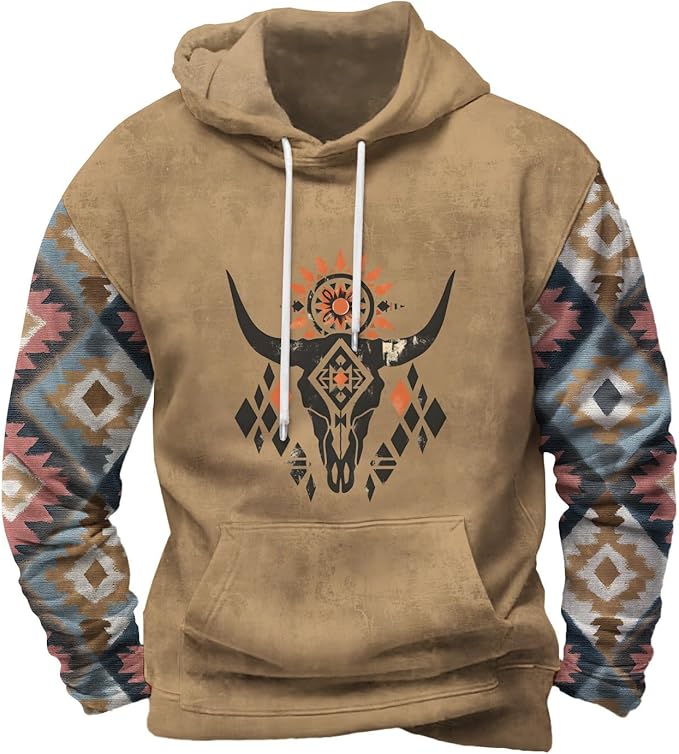 Mens Hooded Sweatshirt Vintage American Element Long Sleeve Fall Hoodie Classic Drawstring Front Pocket Pullover