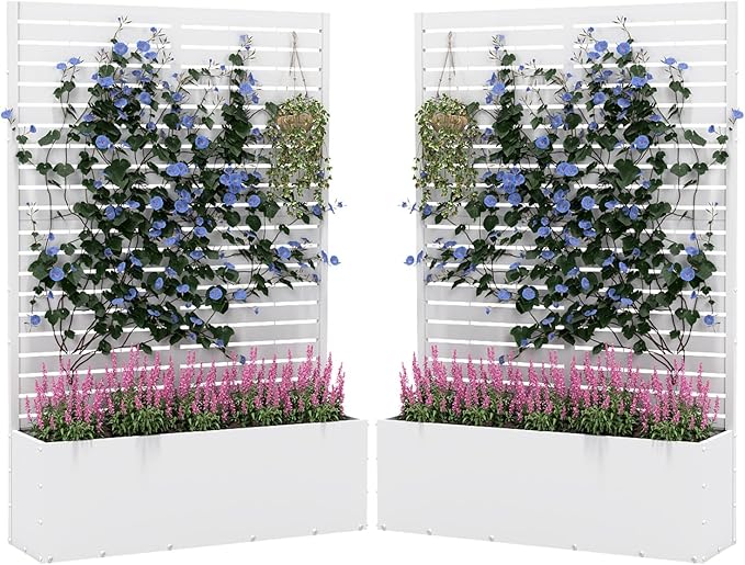 2PCS Metal Planter Box with Trellis,70.9"x47.2"x15.7" Raised Garden Bed with Drainage Holes, Privacy Planters for Outdoor Garden Bed for Climbing Plants,Vegetables,and Vines, White-louvered
