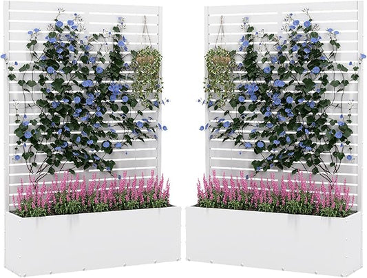 2PCS Metal Planter Box with Trellis,70.9"x47.2"x15.7" Raised Garden Bed with Drainage Holes, Privacy Planters for Outdoor Garden Bed for Climbing Plants,Vegetables,and Vines, White-louvered
