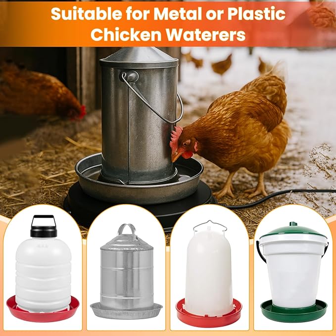11'' Chicken Water Heater for Winter, Heated Waterer Base for Metal Plastic Poultry Waterer Under 5 Gallon, Built-in Thermostat (77℉ Auto Shut-Off), 110W Coop Heater with 6.6ft Power Cord