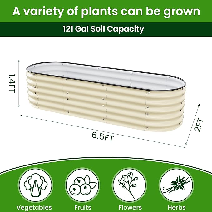 Raised Garden Bed 6.5X2X1.4 FT Galvanized Planter Raised Beds, Metal Planter Box for Vegetables,Flowers, Herbs, and Succulents (Ivory)