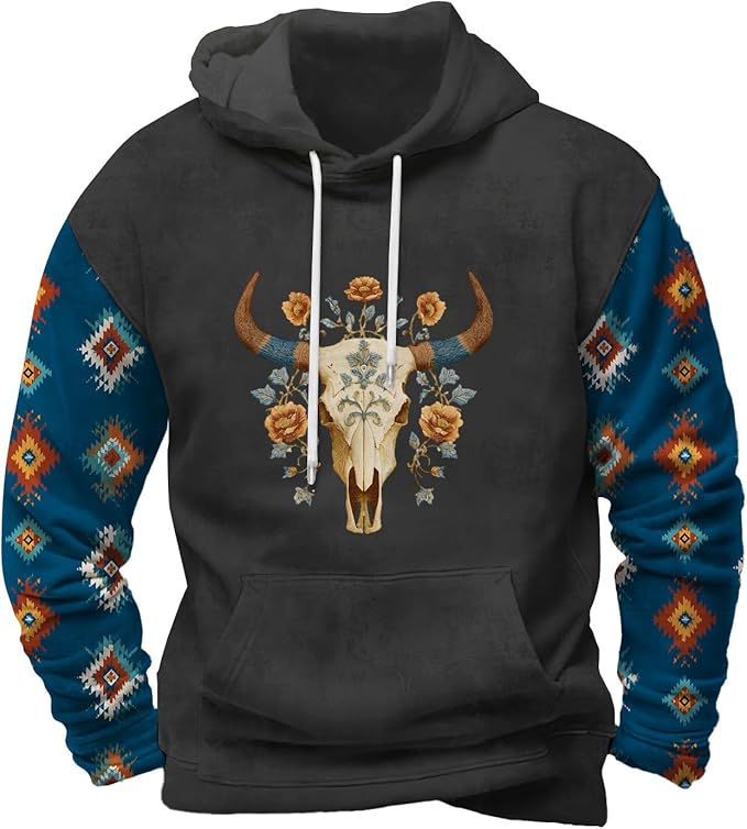 Mens Hooded Sweatshirt Vintage American Element Long Sleeve Fall Hoodie Classic Drawstring Front Pocket Pullover