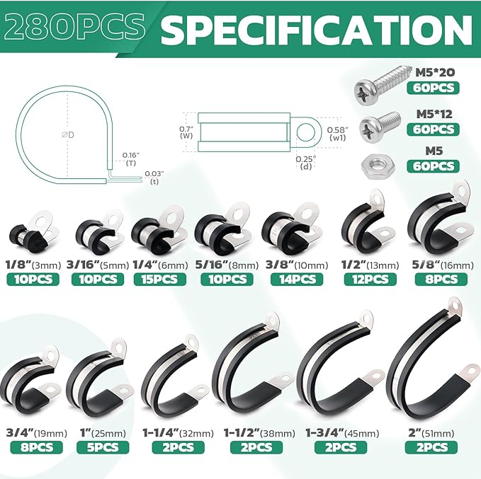 280PCS Cable Clamps with Screws Assortment Kit 304 Stainless Steel Rubber Cushioned Insulated Wire Pipe Clamps 13 Sizes—1/8" 3/16" 1/4" 5/16" 3/8" 1/2" 5/8" 3/4" 1" 1-1/4" 1-1/2" 1-3/4" 2”