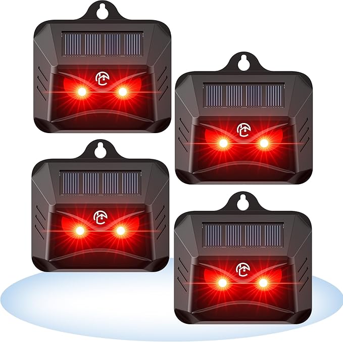Solar Powered Coyote Deterrent Devices, 4 Pack Waterproof Racoon Repellent Predator Control Lights Used to Deterrent Raccon Coyote Fox Deer Protect Your Property Chicken Coop with Humane Deterrence