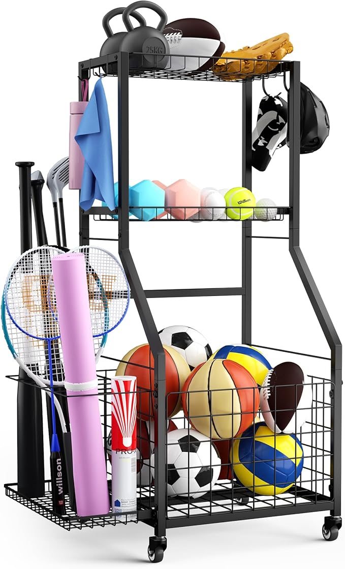 Sports Equipment Garage Organizer,Garage Ball Storage Rack for Sports with Wheels-Upgraded 3 Layers Sports Organizer Rack Outdoor Basketball Racks for Balls with Holder and Hooks