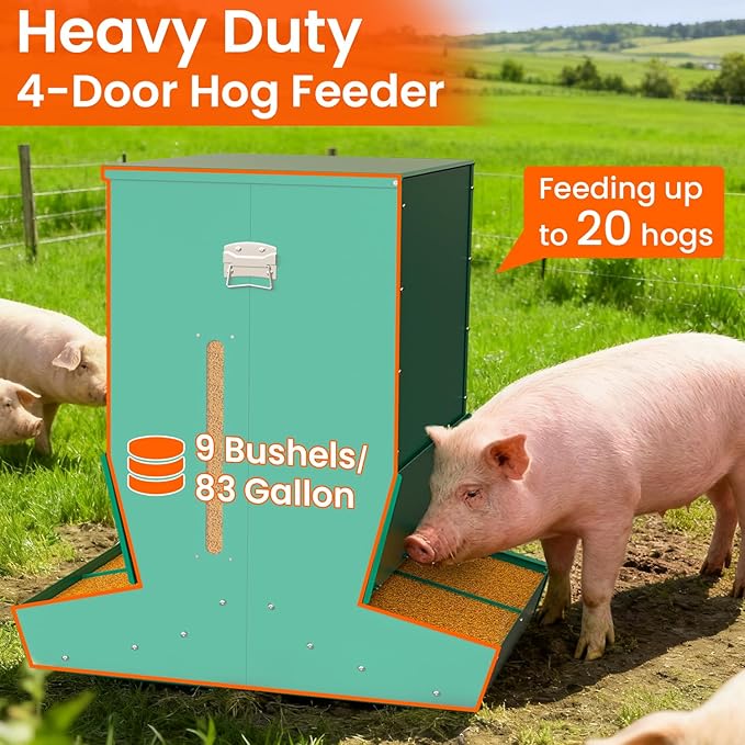 Pig Feeder, 4-Door Heavy Duty Galvanized Steel Hog Feeder,9 Bushels Capacity, Outdoor Pig Feeders with Visable Feed Design, Livestock Feeder for Barn, Farm, Feeding up to 20 Small Hogs, Green