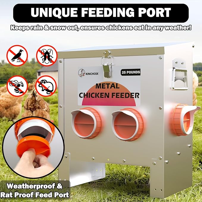 Metal Chicken Feeder Large Capacity 25lbs Automatic Metal Chicken Feeders No Waster Weatherproof Poultry Feeder for Chickens, Geese, Ducks, Turkeys (4-Port)