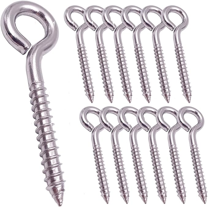 Pack of 12 M6 Metal Hooks, heavy-duty304 Stainless Steel Screw Hooks, self-Tapping Eye-Ring Bolt Hooks, Hole Hooks, Strong Indoor and Outdooreye Hooks