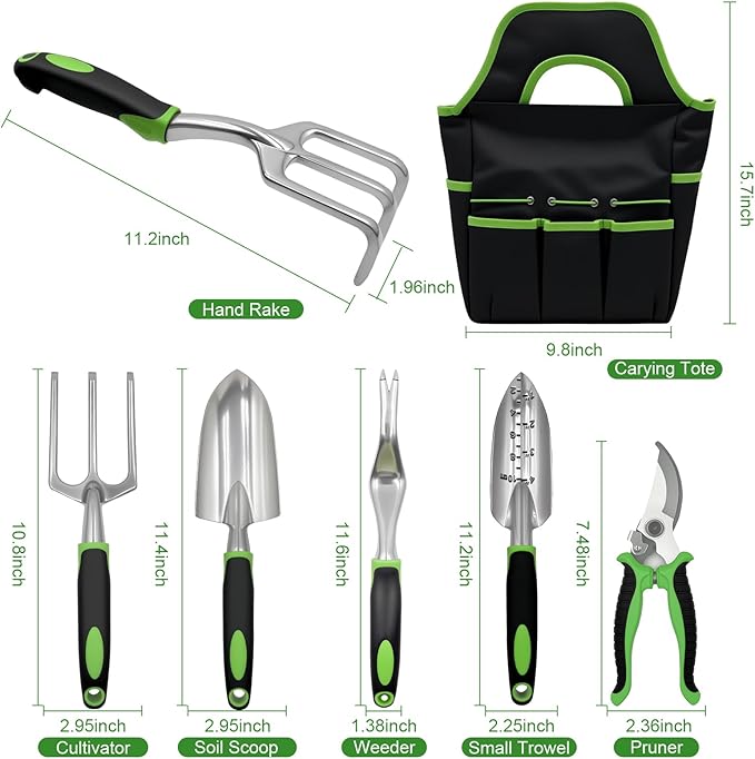 11-Piece Gardening Tools Set for Women, Heavy Duty Gardening Hand Tools, Outdoor Gardening Hand Tools with Non-Slip Green Rubber Handle. Indoor mini Gardening Potting Set (7) (Gray)