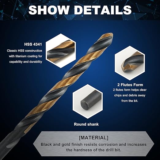 COMOWARE 60pcs Number Drill Bit Set, Wire Gauge #1 to #60, HSS M2 Drill Bit, 135° Split Point, Black and Gold Coated, Drill Bit Set for Metal/Plastic/Wood, with Index Case