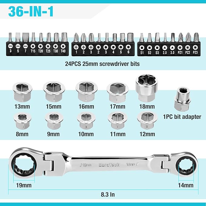 DURATECH 12-in-1 Flex-Head Ratcheting Wrench Set & 24-in-1 Screwdriver Set, Double Box End Wrench 8-19mm, 1/4" Drive Adapter with 24PCS Driver Bits, CR-V Steel, with Tool Box