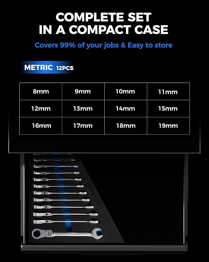 toolant 12pcs Metirc Ratcheting Wrench Set, Flex-Head Ratchet Combination Wrench Sets with Switch Design, 8-19mm, 90-Tooth and 4° Swing, 12PCS with Storage Tray