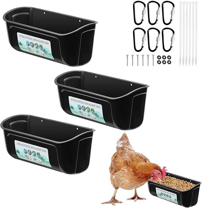 3 Pack Chicken Duck Feeder, Poultry Feeders and Waterers, Hanging Goat Feeder, Livestock Feeding Container, Feed Trough and Waterer Bucket with Clips(Black)