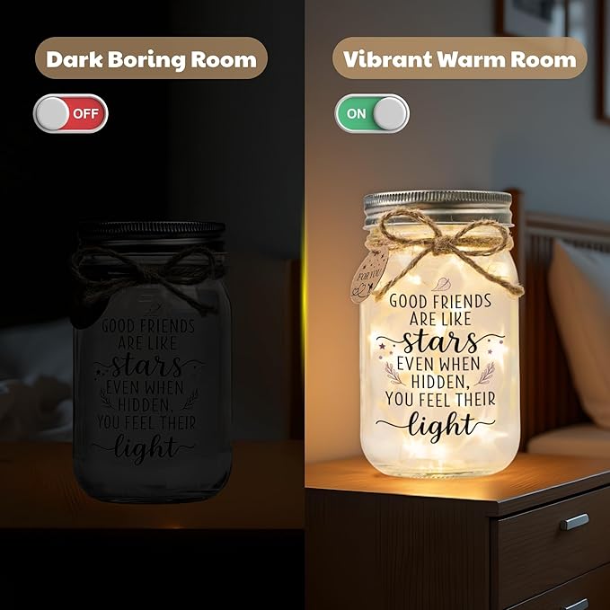 SOLMAY Friendship Gifts for Women – “Good Friends Are Like Stars” Mason Jar Night Light, Best Friend Birthday Gift for Women, Sentimental Christmas Gifts for Her, Cozy Rustic Home Decor Ready to Gift