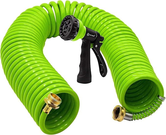 AUTOMAN Recoil Garden Water Hose 50 ft, EVA Curly Water Hose with Brass Connectors, Garden Hose Coil,Includes 7-Pattern Function Sprayer,Retractable,Corrosion Resistant Garden Coil Hose.Green