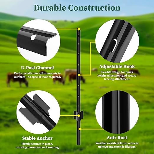 10 Pack Metal Fence Posts, 3ft Heavy Duty U-Post, Black Garden Stakes, No-Dig Post Anchors for Wire Fences, Temporary Fencing, Electric Fence, and Corner Support