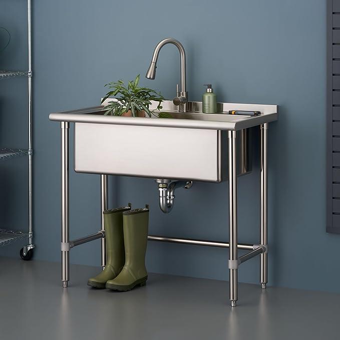 EcoStorage Stainless Steel Utility Sink, Oversized Freestanding Single Bowl Utility Sink, Pull-Out Faucet, Garage, Laundry Room, Business, NSF Certified, 40"W x 22"D x 50"H (NHA-0319)