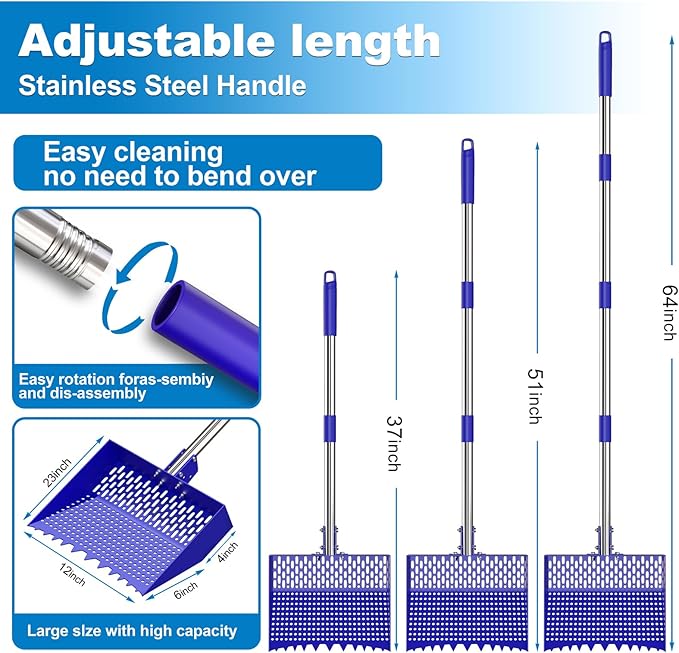 12-Inch 2-in-1 Chicken Poop Scooper & Rake, Chicken Coop Scoop with Adjustable Stainless Steel Handle （24–64"）, 3 Angles & 2 Sifting Holes, Litter Scoop Sand Sifting Shovel Pooper Scooper (Blue)
