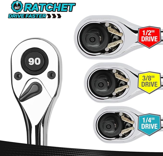 DURATECH 3-Piece Drive Ratchet, 1/4", 3/8", 1/2" 90-Tooth Quick-release Ratchet Wrench, Reversible, Chrome Alloy Made, Full Polished, Mens Stocking Stuffers Gifts for Men Gifts for Women Gifts for Dad