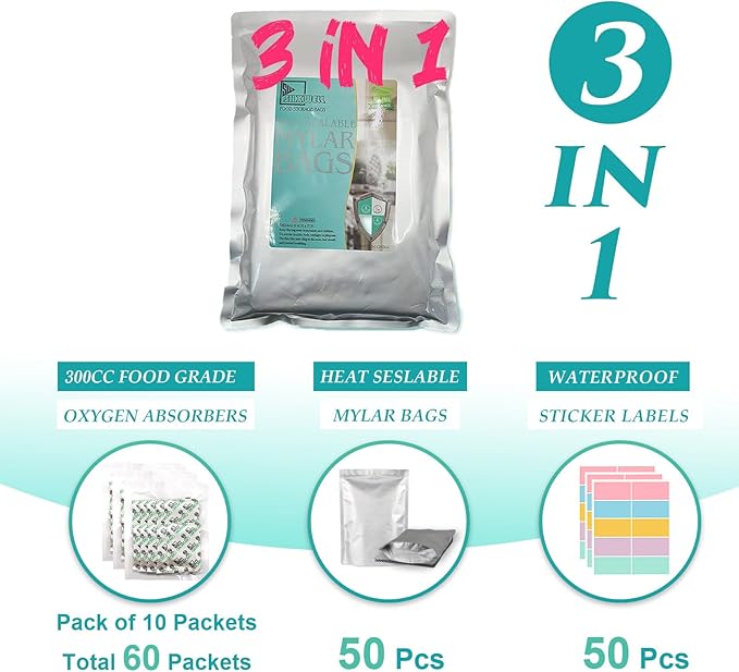 SHXWELL 50pcs 1 Quart Mylar Bags for Food Storage with Oxygen Absorbers 200CC (6 Packs of 10pcs) and Labels, 10 Mil 7"x10" Zipper Pouches Resealable and Heat Sealable for Long Term Food Storage