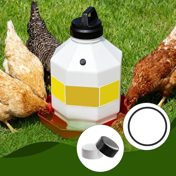 Plastic Poultry Waterer Replacement Parts Kit - 10 Caps & 4 O-Rings, Compatible with Miller, Little Giant PPF & Farm-Tuff 3/5/7 Gallon Poultry Founts (Black & White)