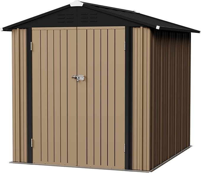 Flamaker 6x8 FT Storage Shed Waterproof Metal Garden Shed with Lockable Door Utility Tool Shed Outdoor Storage for Backyard, Patio and Lawn, Brown