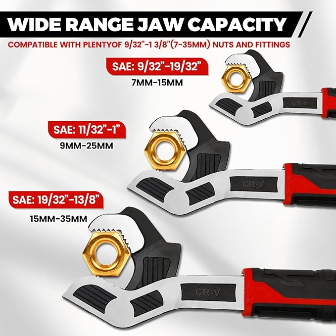 6” 8” 10” Multi-function Self-locking Pipe Wrench Set, Chromium Vanadium Steel,Plumbers Wrench with Self Tightening Function for 9/32”-1 3/8” (7-35mm) Pipe Fittings and Nuts (1set)