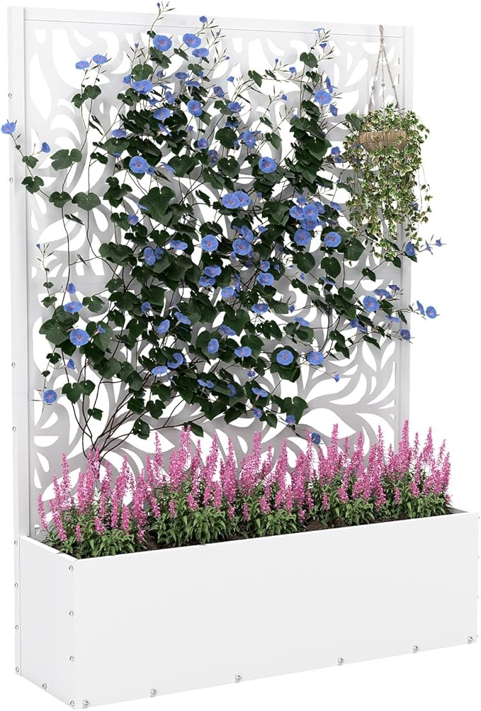 Metal Planter Box with Trellis,70.9"x47.2"x15.7" Raised Garden Bed with Drainage Holes, Privacy Planters for Outdoor Garden Bed for Climbing Plants,Vegetables,and Vines, White-Flower