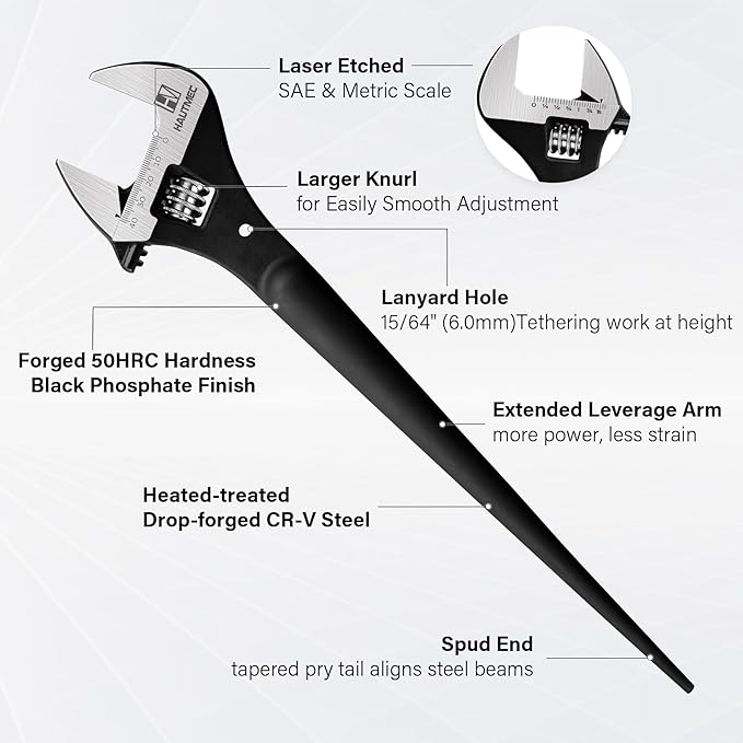 HAUTMEC 16 inch Adjustable Spud Wrench, Wide Jaw Up to 1-5/8"(41mm), Adjustable Spud Wrenches with Tail Pry Bar Features, Black Oxide Finish, Forged CR-V Steel Metric & SAE Scales with Tether Hole