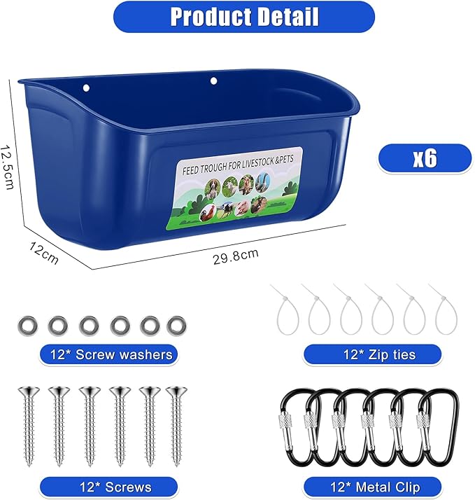 Chicken Feeder Waterer, 6 Pack Duck Feeder Supplies, Hanging Fence Feed Trough with Clips for Goat, Sheeple, Piglet, Gooses, Turkeys, Dog Livestock Poultry, Blue