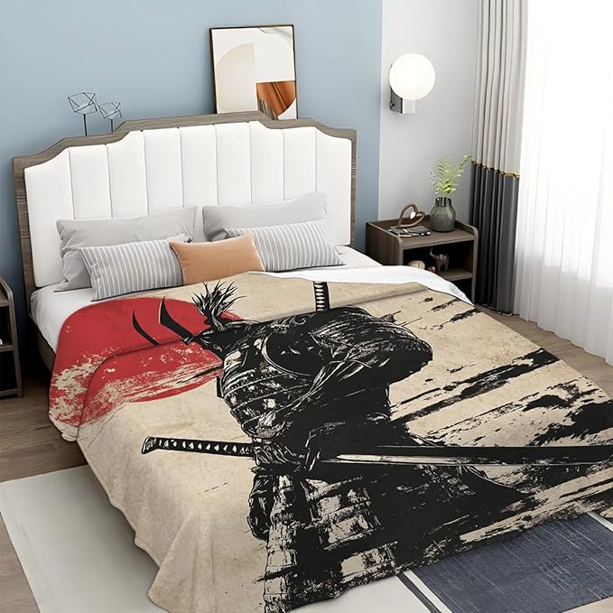 Tijuboni Japanese Samurai Throw Blanket Japanese Warrior Gifts for Men Women Girls Boys Kids Adults Soft Flannel Fleece Blanket for Couch Sofa Bed Home Decor 40"x50"