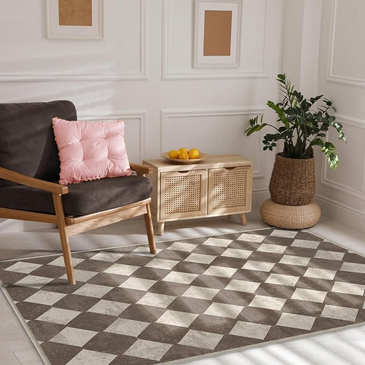 Checkered Washable Geometry Brown Area Rugs 3x5 Modern Neutral Non Slip Low Pile Indoor Floor Small Carpet for Living Room Bedroom Dinning Room Kitchen