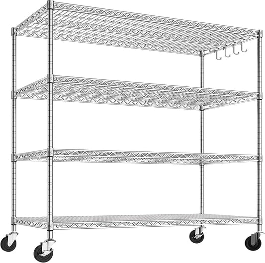 PrimeZone 4 Tier 55.5" Wx24 Dx76 H Wire Shelving with Wheels 2400lbs NSF Certified Storage Shelves Heavy Duty Metal Shelf Adjustable Rolling Rack Commercial Garage Restaurant Warehouse Kitchen Chrome