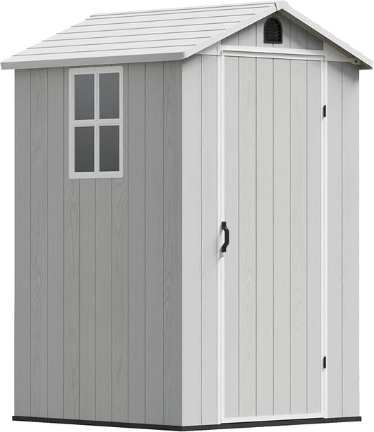 Devoko 4x4 FT Outdoor Shed, Compact & Secure Plastic Resin Storage with Lockable Door, Features Built-in Floor & Window for All-Weather Garden, Patio, and Poolside Organization, Light Gray
