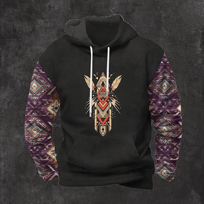 Mens Hooded Sweatshirt Vintage American Element Long Sleeve Fall Hoodie Classic Drawstring Front Pocket Pullover