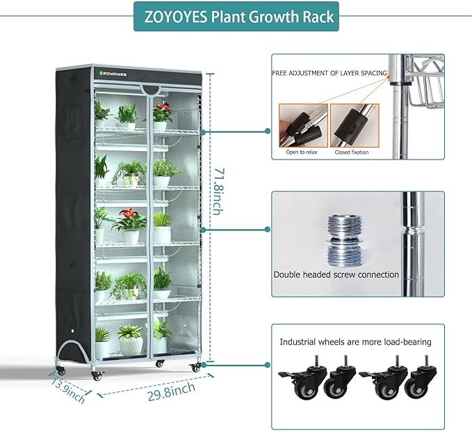 Indoor Greenhouse 6-Tier Plant Rack with Cover, 5 T8 Grow Lights, Thermometer & Timer – Seedlings, Flowering, Herbs & Vegetables, Indoor Gardening, Easy Assembly 29.8" L x 13.9" W x 71.8" H