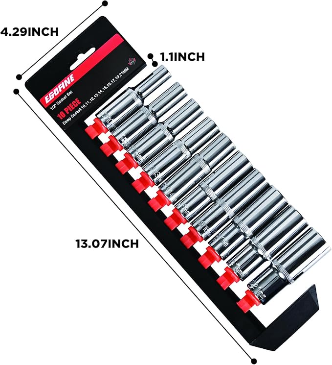 Egofine 10PCS 1/2” Drive Deep Socket Set,Metric Socket Set（10mm-21mm,6 Point Socket Set With Hanging Bracket,Cr-V Steel