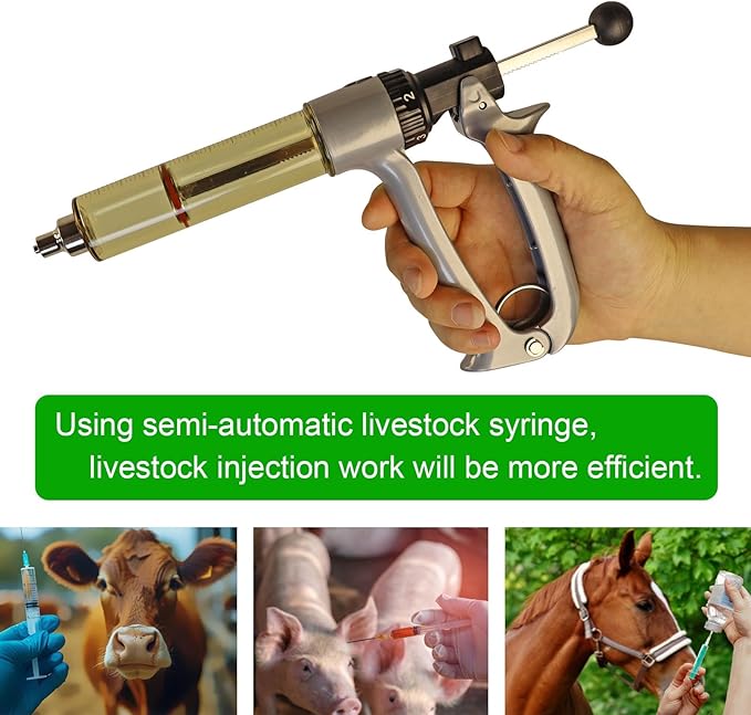 50ML Semi Automatic Livestock Syringe, 5 Gears Adjustable Continuous Repeating Luer Lock Syringe for Farm Ranch Cattle Cow Horse Goat Sheep Hog