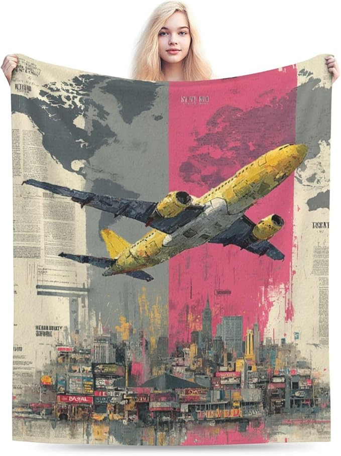 Airplane Throw Blanket Rustic Aircraft Blankets Aviation Traver Fleece Plush Super Soft Cozy Warm Pilot Decor Gifts for Boys Girls Kids Adults Men Women 50" x 60"