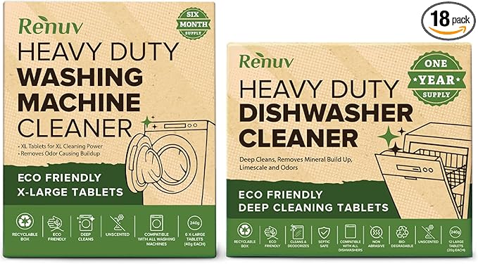 Renuv Washing Machine Cleaner + Dishwasher Cleaner Bundle - Heavy Duty Appliance Deep Cleaning, Descaling and Deodorizing