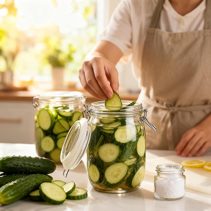 6PCS Glass Jars with Airtight Lid, 34 OZ Mason Jars Wide Mouth, Glass Pickling Jars for Canning & Fermenting, Mason Storage Container for Coffee, Flour, Sugar, Pasta