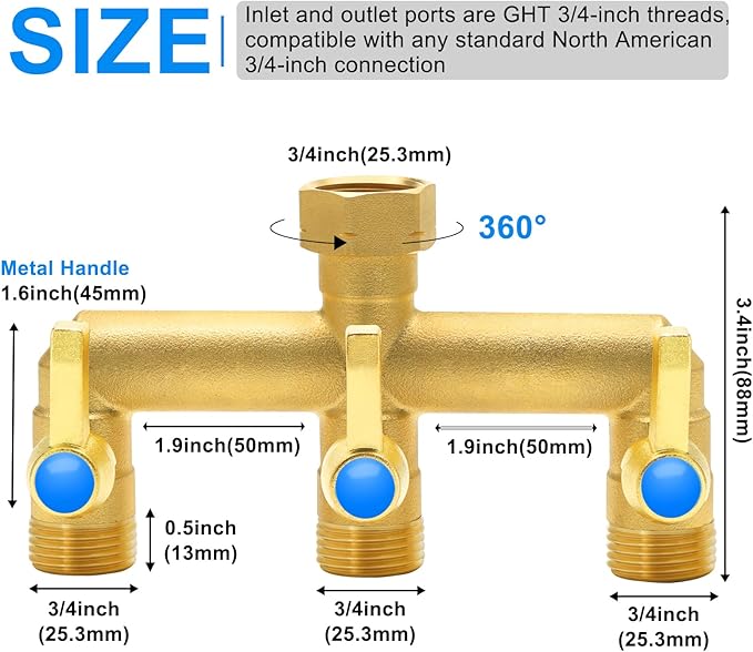 Garden Hose Splitter Full Flow, 3 Way Heavy Duty Outdoor Brass Hose Splitter with Metal Shutoff Valve and Long Handle Outdoor Faucet Diverter, 3/4" GHT Threads，Water Flow Increase