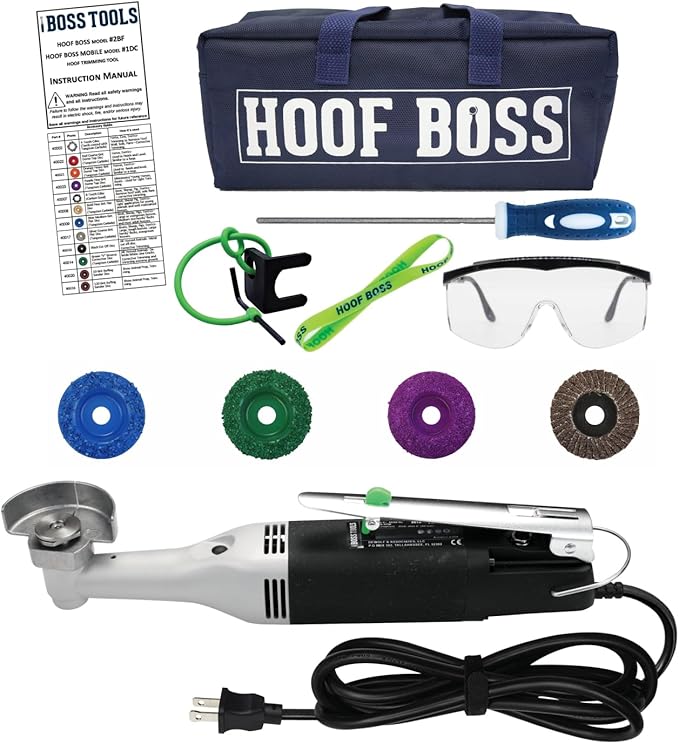 Hoof Boss Electric Pig Hoof Trimmer Kit, 110V US — Rotary Hoof Grinder for Pigs & Swine with Medium & Fine Discs, Dome Top Finisher, Buffing Sander, Safety Glasses & Tool Bag