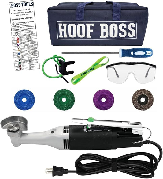 Hoof Boss Electric Pig Hoof Trimmer Kit, 110V US — Rotary Hoof Grinder for Pigs & Swine with Medium & Fine Discs, Dome Top Finisher, Buffing Sander, Safety Glasses & Tool Bag