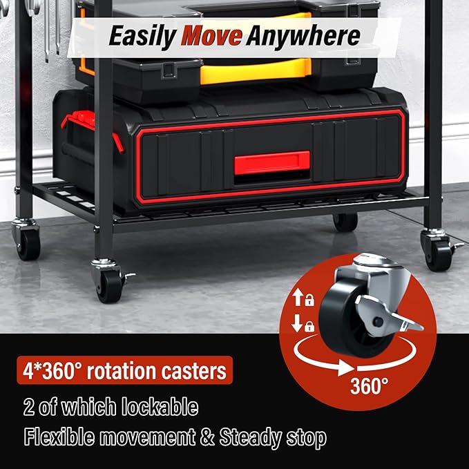 TC-HOMENY Power Tool Organizer Cart with 8 Outlets Charging Power Station, 24 Large Drill Tool Storage Racks with Wheels for Garage, Heavy Duty Tools Organizer Station, Festival Gifts for Men Dads