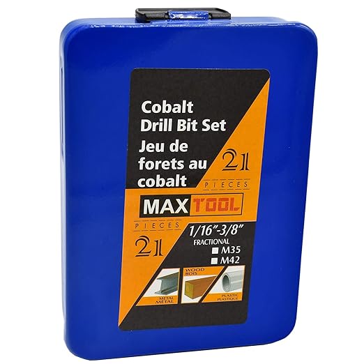 MaxTool Twist Drill Bit Set 21PCs 5% Cobalt HSS M35 Jobber Length Fully Ground for Hardened Steel Metal Cast Iron etc 1/16“ to 3/8”; JBS35G10R021S